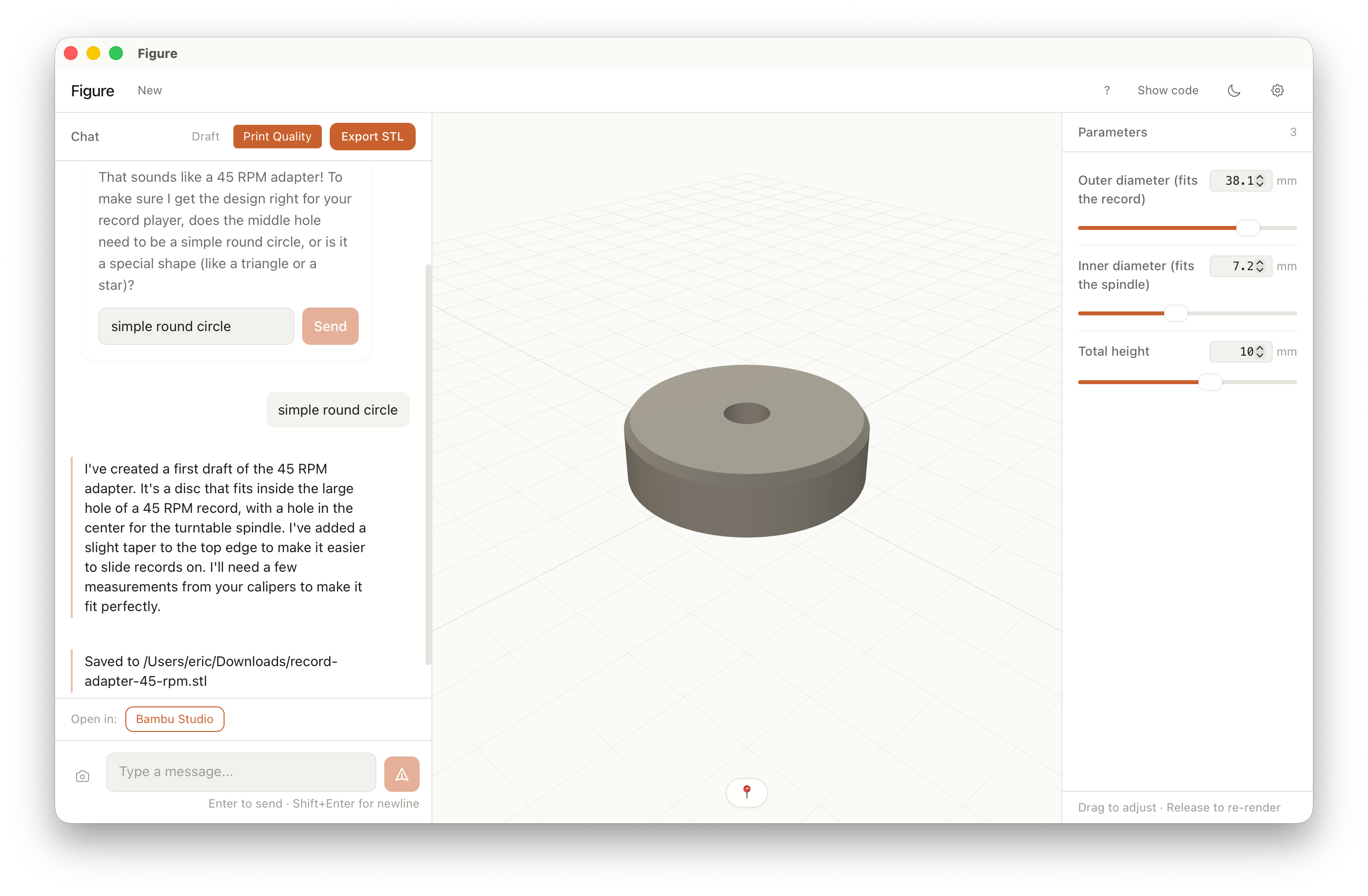 The Figure app showing a 3D model of a 45 RPM record adapter disc, with sliders for outer diameter, inner bore diameter, and height.