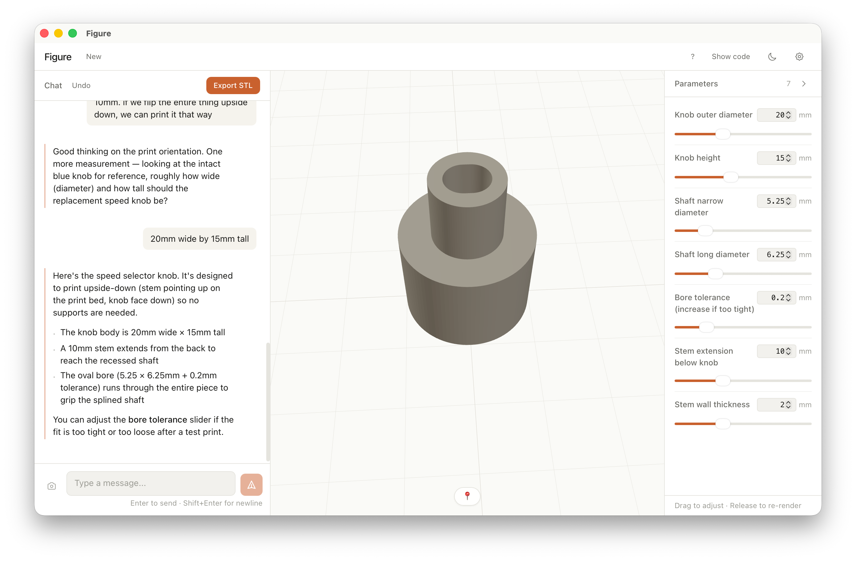 The Figure app showing a 3D model of a replacement knob being designed from a chat conversation, with parameter sliders on the right.