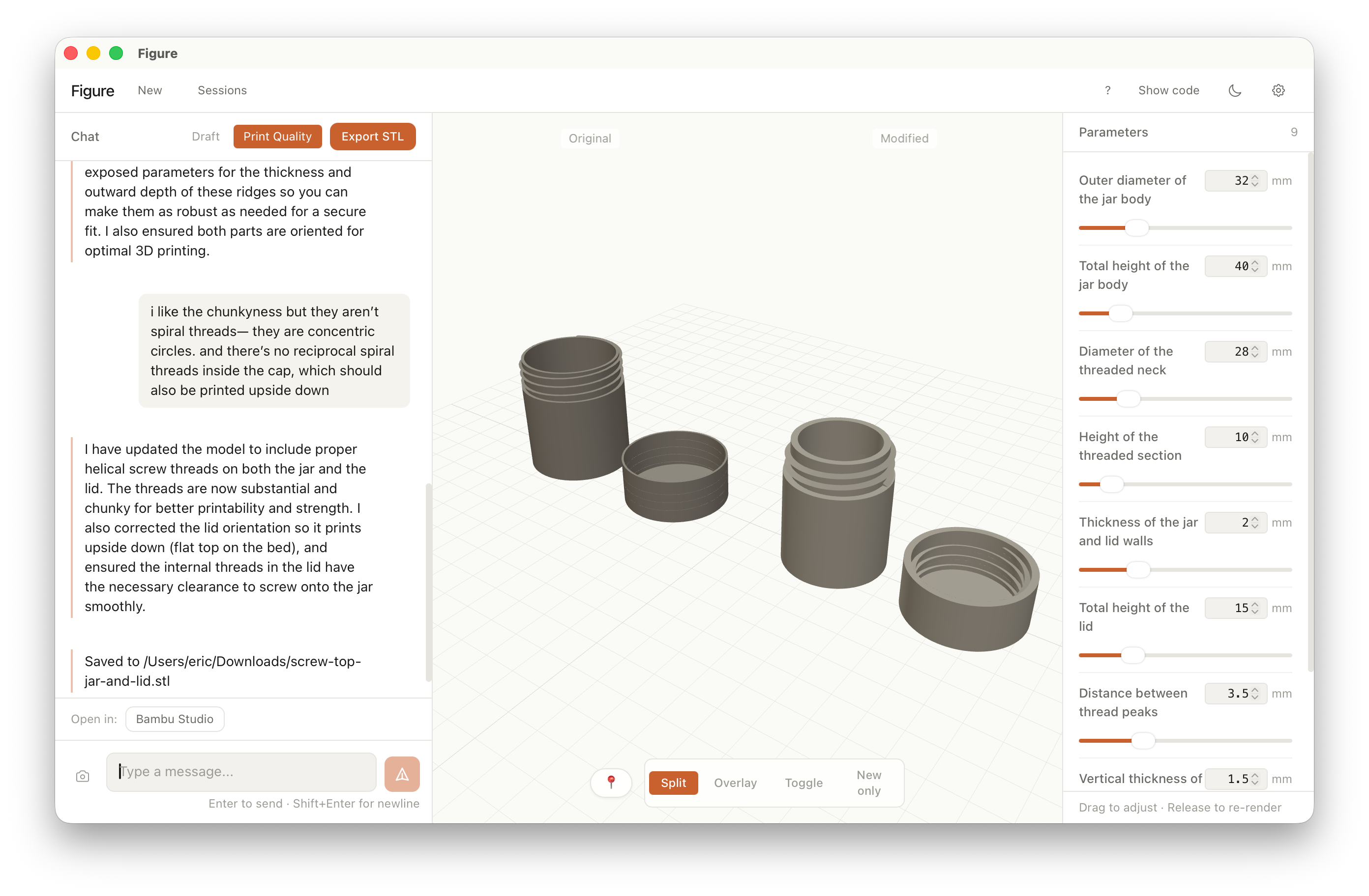 The Figure app showing a split view of a screw-top jar before and after thread refinement, with sliders for outer diameter, thread pitch, and wall thickness.