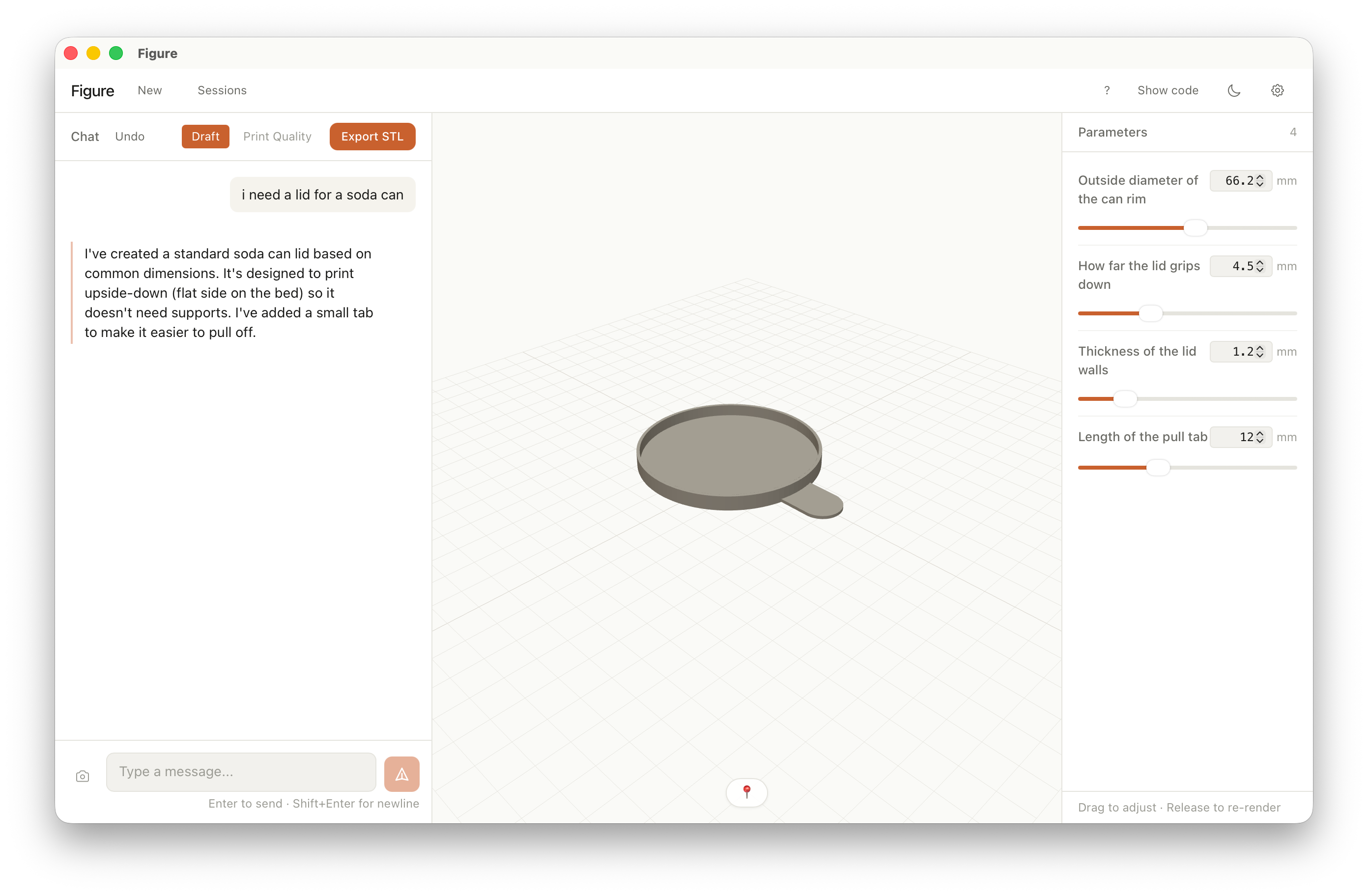 The Figure app showing a 3D model of a soda can lid with a pull tab, with sliders for rim diameter, grip depth, wall thickness, and tab length.