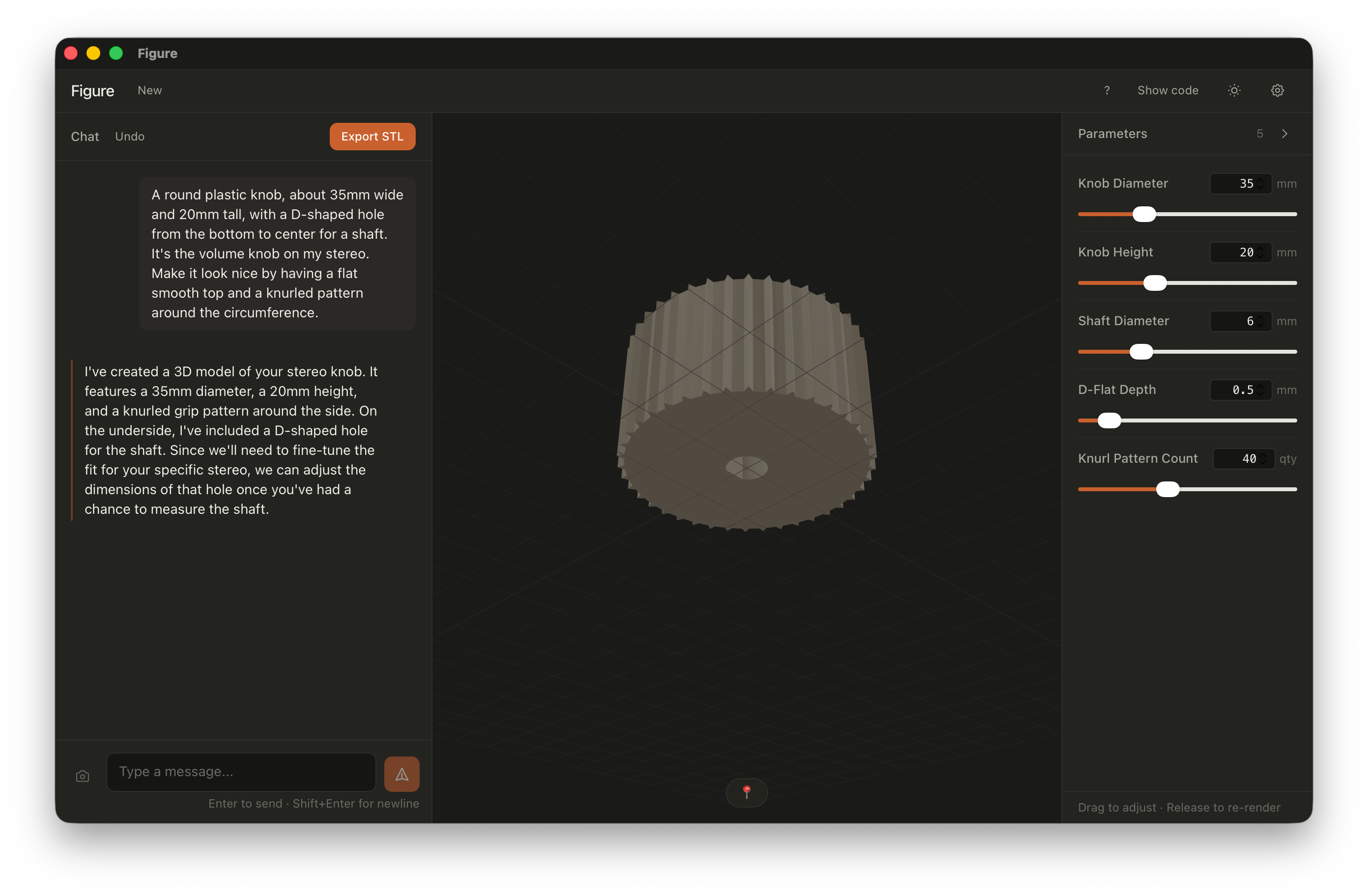 A 3D rendering of a knurled volume knob inside the Figure app in dark mode, with sliders for diameter, height, shaft, D-flat depth, and knurl count.